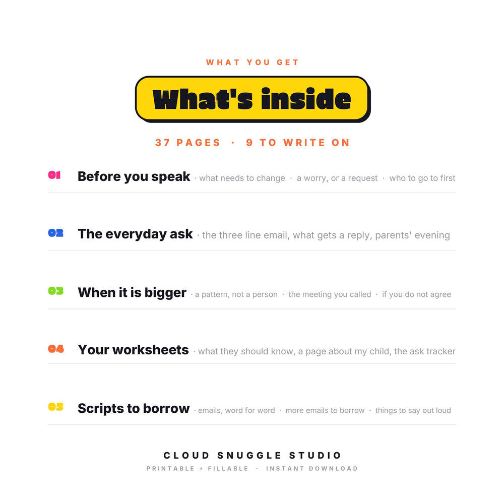 What's inside Talking to the Teacher, section by section. A printable and fillable PDF from Cloud Snuggle Studio.