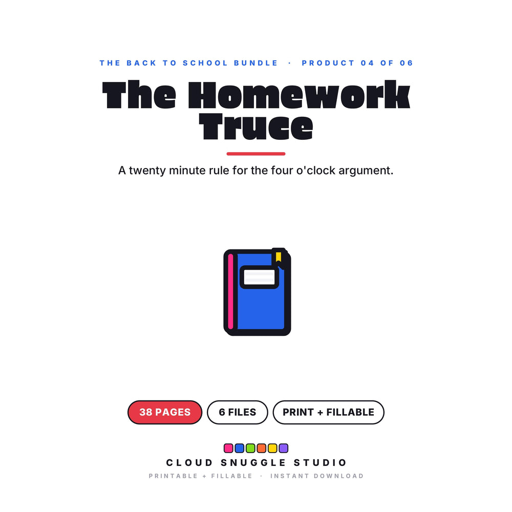The Homework Truce, one of the 6 planners in The Back to School Bundle. A printable and fillable planner bundle from Cloud Snuggle Studio.