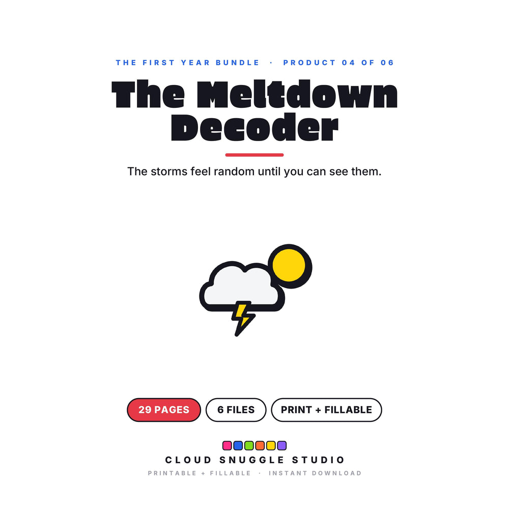 The Meltdown Decoder Guide, one of the 6 planners in The First Year Bundle. A printable and fillable planner bundle from Cloud Snuggle Studio.
