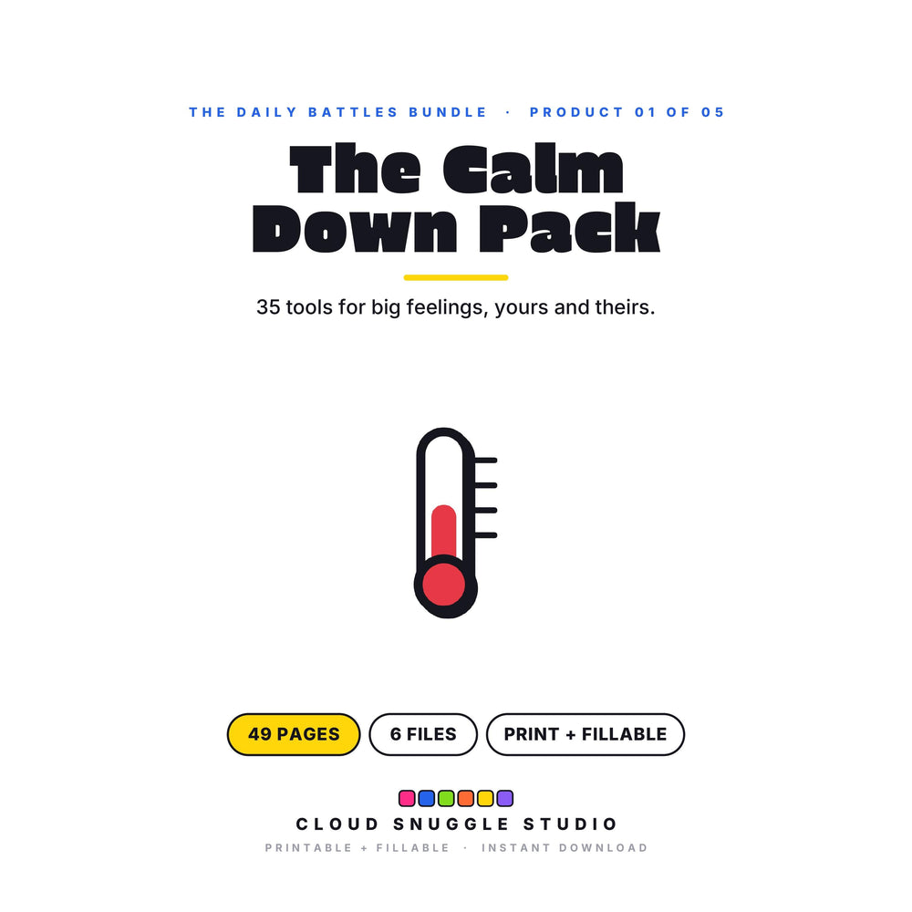 The Calm Down Pack, one of the 5 planners in The Daily Battles Bundle. A printable and fillable planner bundle from Cloud Snuggle Studio.