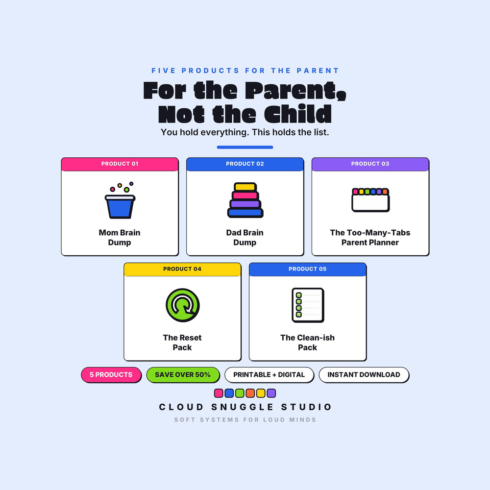 Cover of For the Parent, Not the Child, the mental load bundle. A printable and fillable planner bundle from Cloud Snuggle Studio.