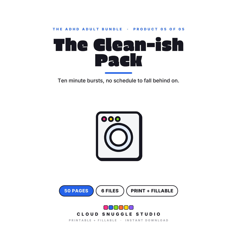 The Clean-ish Pack, one of the 5 planners in The ADHD Adult Bundle. A printable and fillable planner bundle from Cloud Snuggle Studio.