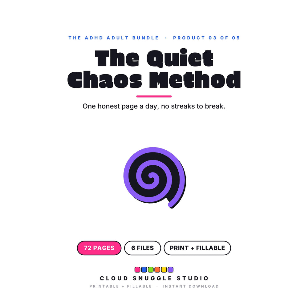 The Quiet Chaos Method, one of the 5 planners in The ADHD Adult Bundle. A printable and fillable planner bundle from Cloud Snuggle Studio.