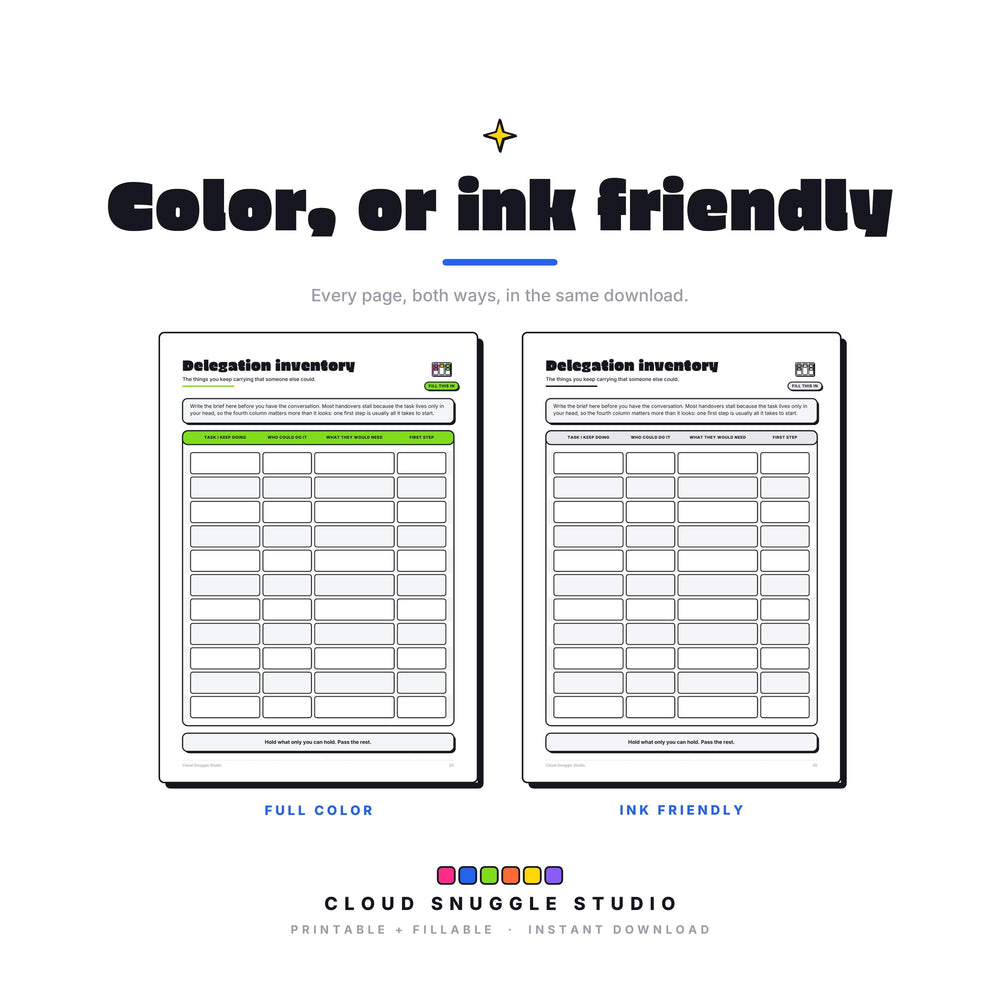 One page of The Brain Buffer shown twice, in full color and in ink friendly gray. Every page of this ADHD brain dump planner printable comes both ways, so you print whatever your cartridge can spare.