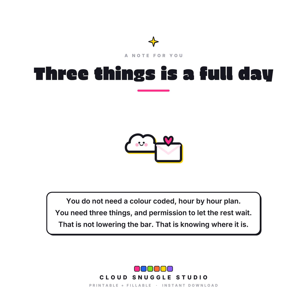A closing note from Cloud Snuggle Studio about The Quiet Chaos Method. Written for a low-capacity season. An ADHD daily planner printable, instant digital download.