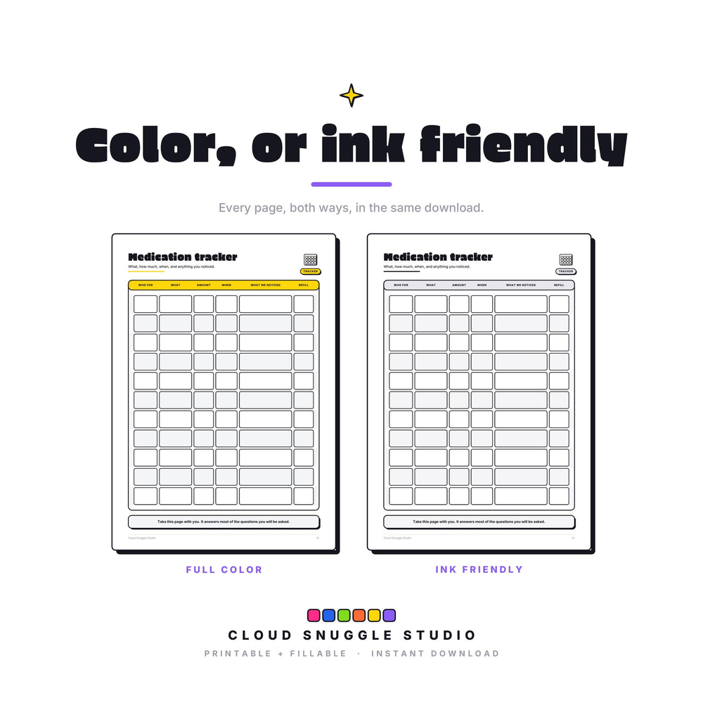 One page of The Too-Many-Tabs Parent Planner shown twice, in full color and in ink friendly gray. Every page of this parent planner printable for ADHD families comes both ways, so you print whatever your cartridge can spare.
