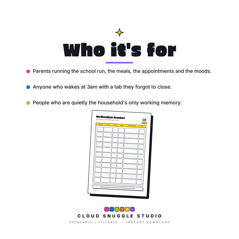Who The Too-Many-Tabs Parent Planner is for: Parents running the school run, the meals, the appointments and the moods. A parent planner printable for ADHD families made for parents running the family admin.