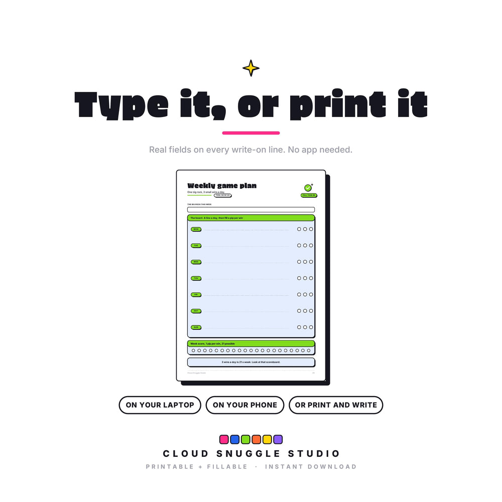 The Reset Pack as a fillable PDF: type onto every write-on line on a laptop, phone or tablet, or print it and write by hand. An ADHD reset pack printable with real form fields, no app needed.
