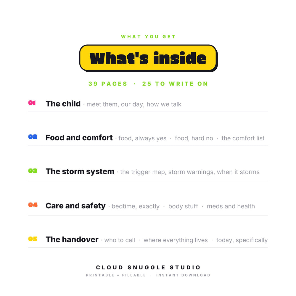 Inside The Care Crew Kit: The child, Food and comfort, The storm system, Care and safety, The handover. A babysitter and caregiver info kit printable with 39 pages, 25 of them to write on. Instant digital download, no physical item.