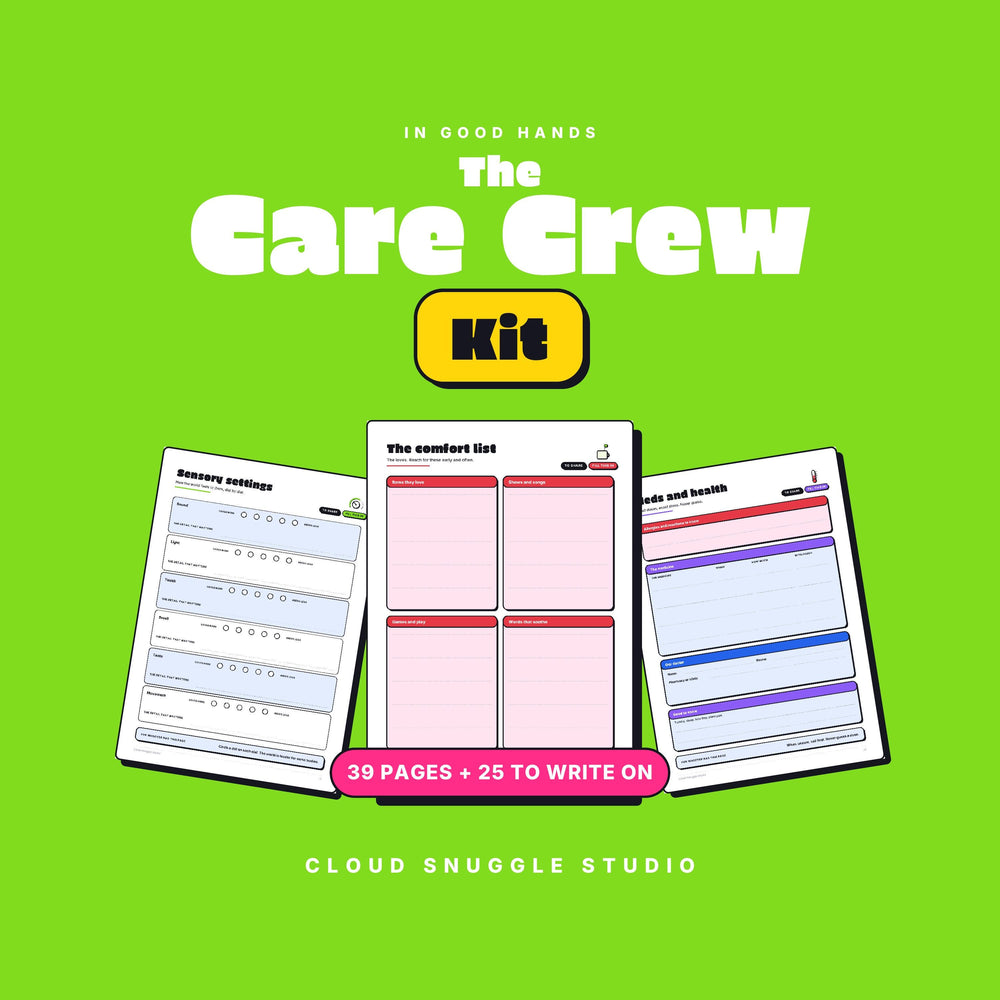 The Care Crew Kit, a babysitter and caregiver info kit printable from Cloud Snuggle Studio. 39 pages, 25 of them to write on. Printable and fillable PDF, A4 and US Letter, color and ink friendly. Instant digital download.