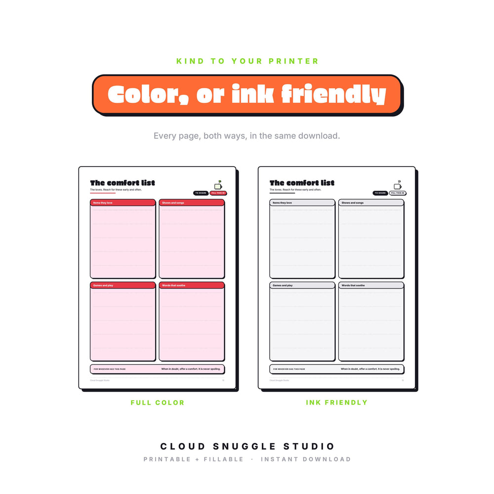 One page of The Care Crew Kit shown twice, in full color and in ink friendly gray. Every page of this babysitter and caregiver info kit printable comes both ways, so you print whatever your cartridge can spare.