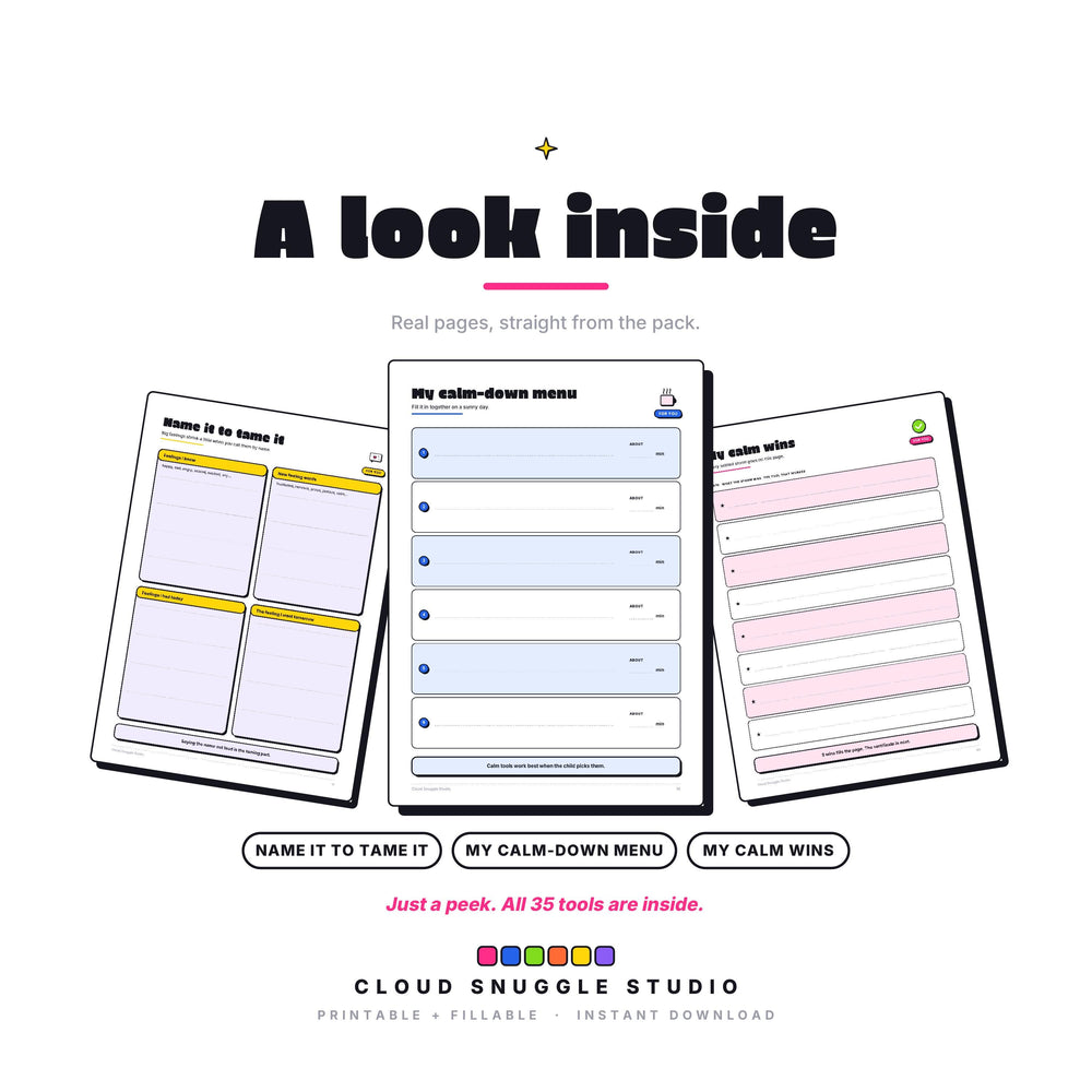 Three real pages from The Calm Down Pack: Name the feeling, My calm-down menu, My calm wins. A calm down kit printable for kids, shown full size so you can see the layout before you buy.