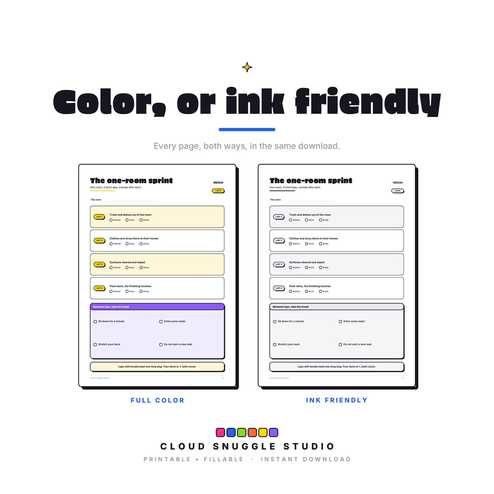 One page of The Clean-ish Pack shown twice, in full color and in ink friendly gray. Every page of this cleaning routine printable for ADHD comes both ways, so you print whatever your cartridge can spare.