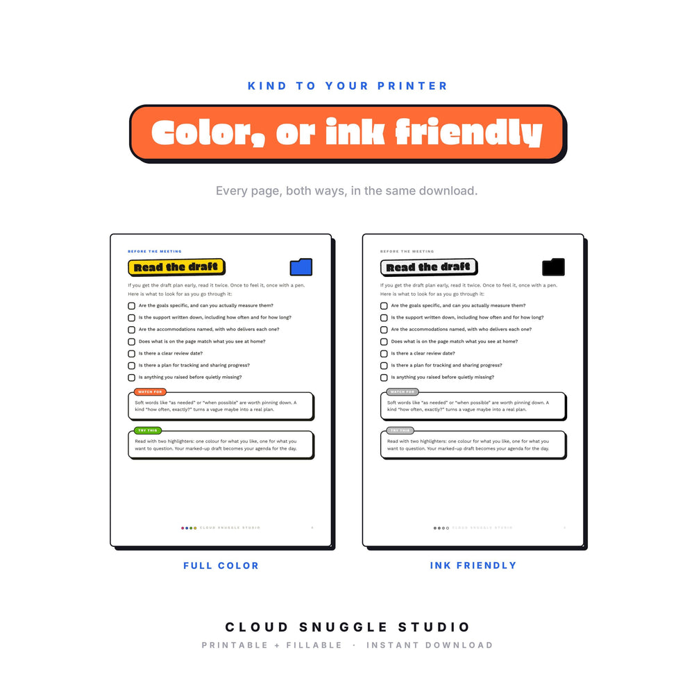 One page of The IEP & 504 Meeting Guide shown twice, in full color and in ink friendly gray. Every page of this IEP and 504 meeting guide printable comes both ways, so you print whatever your cartridge can spare.