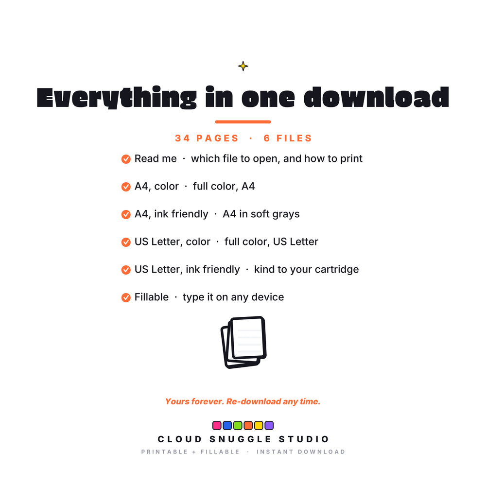 Everything in the download for The Halloween Game Plan, every file shown together. A printable and fillable PDF from Cloud Snuggle Studio.