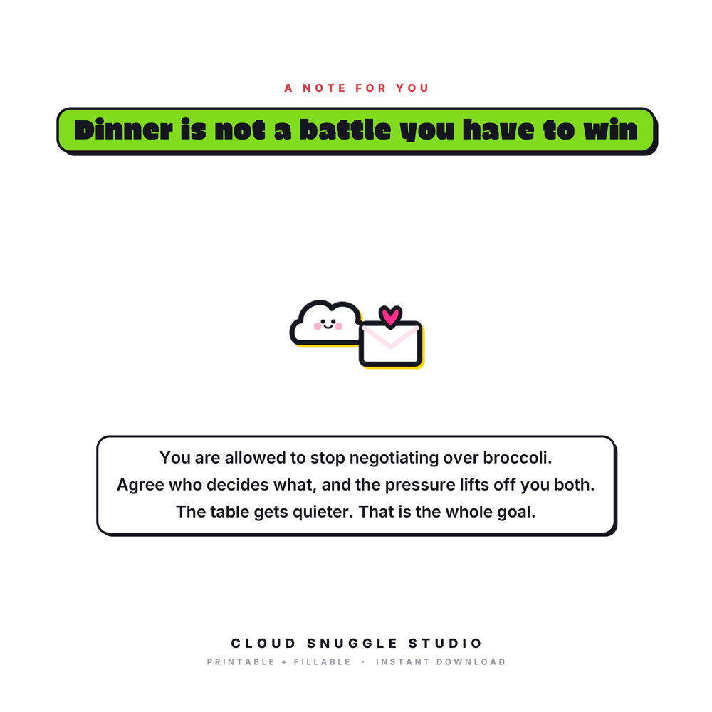 A closing note from Cloud Snuggle Studio about The Table Truce. Written for families who dread the dinner table. A picky eater guide printable for parents, instant digital download.