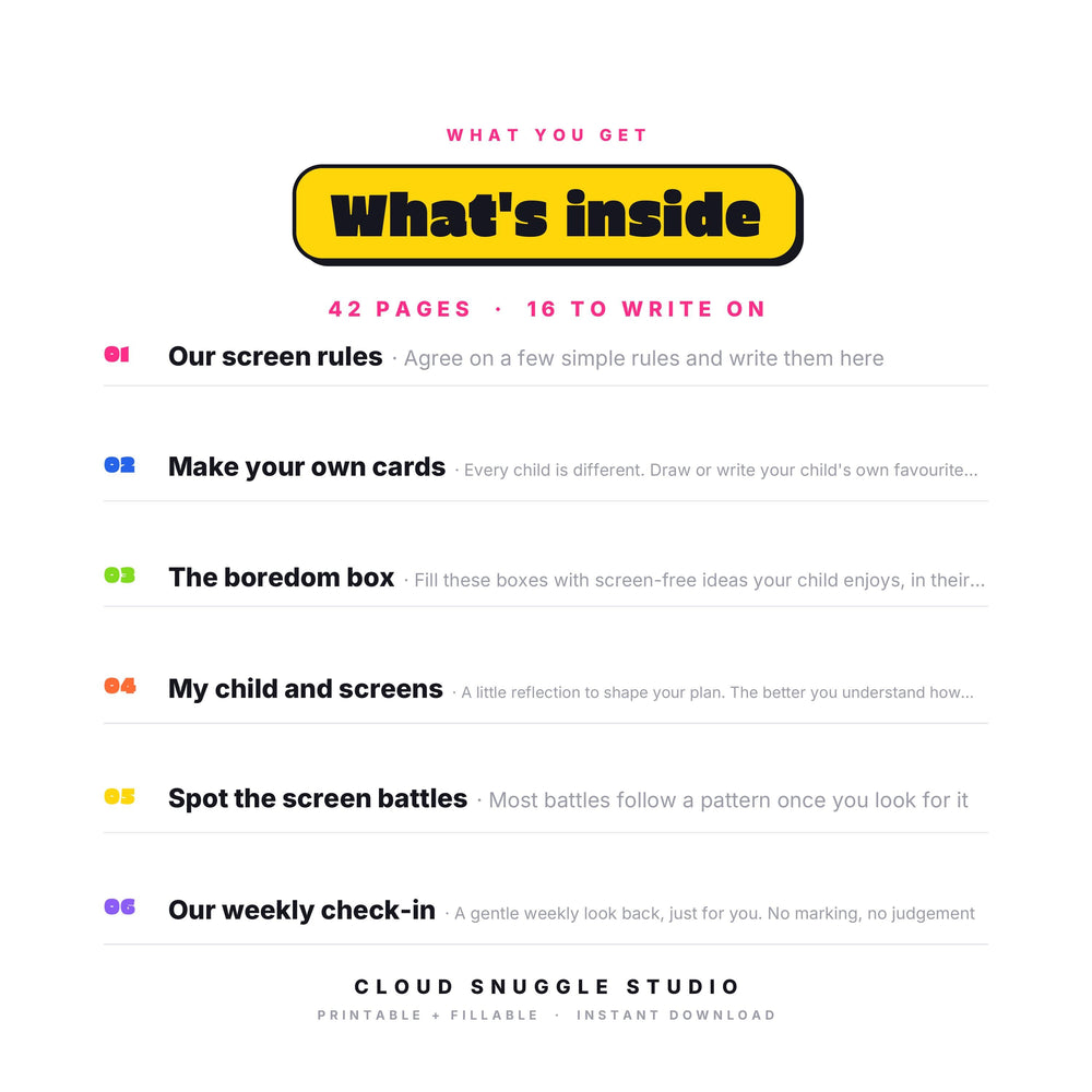 Inside The Screen Time Peace Treaty: Our screen rules, Make your own cards, The boredom box, My child and screens, Spot the screen battles. A screen time agreement printable for families with 42 pages, 16 of them to write on.