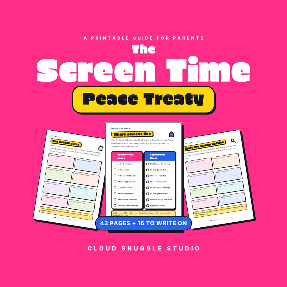 The Screen Time Peace Treaty, a screen time agreement printable for families from Cloud Snuggle Studio. 42 pages, 16 of them to write on. Printable and fillable PDF, A4 and US Letter, color and ink friendly. Instant digital download.