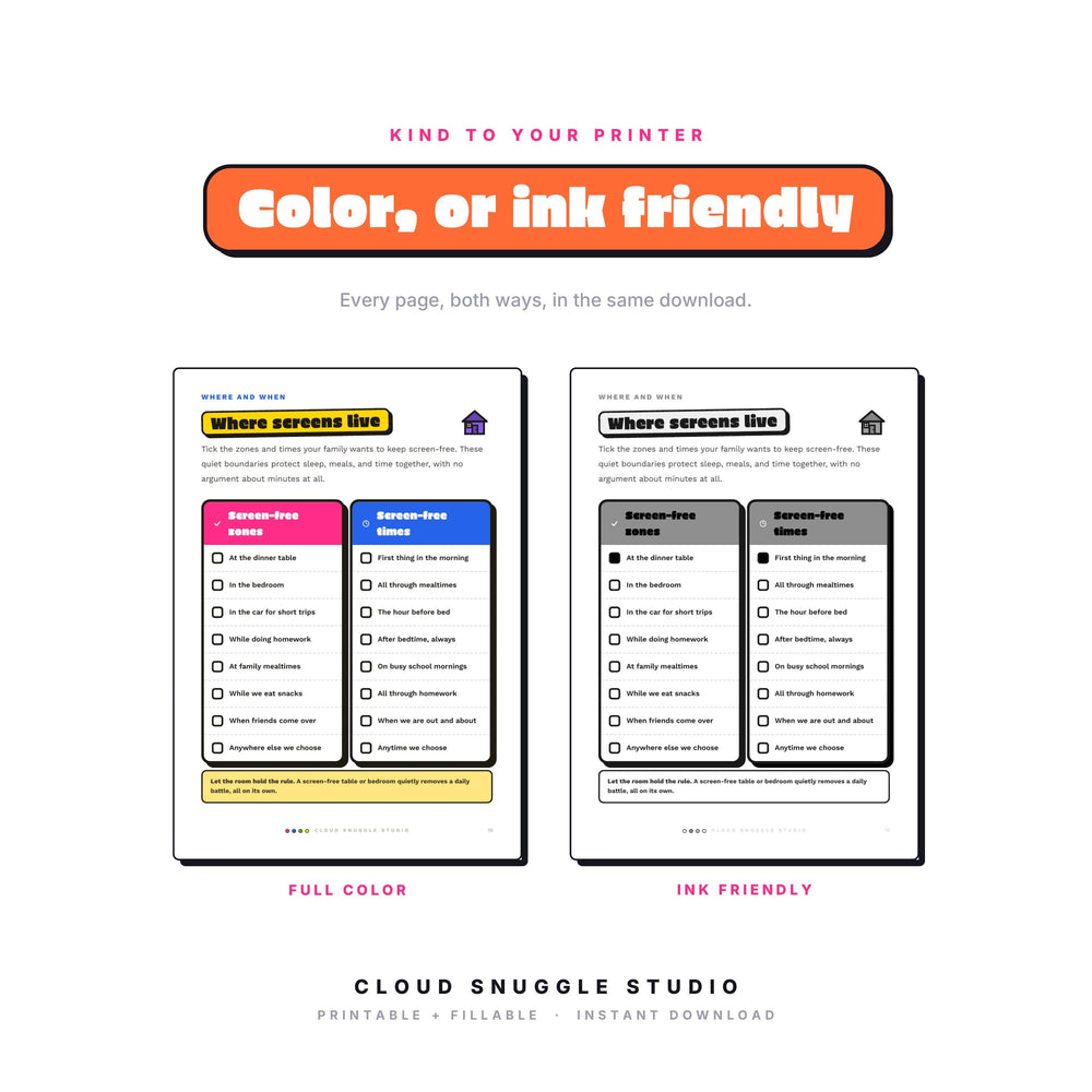 One page of The Screen Time Peace Treaty shown twice, in full color and in ink friendly gray. Every page of this screen time agreement printable for families comes both ways, so you print whatever your cartridge can spare.