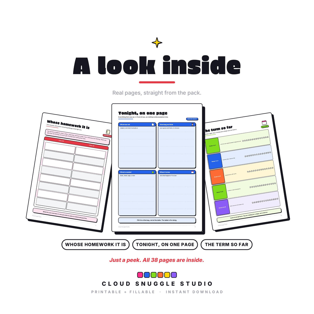 Three real pages from The Homework Truce: Whose homework it is, Tonight, on one page, The term so far. A homework help printable for parents, shown full size so you can see the layout before you buy.