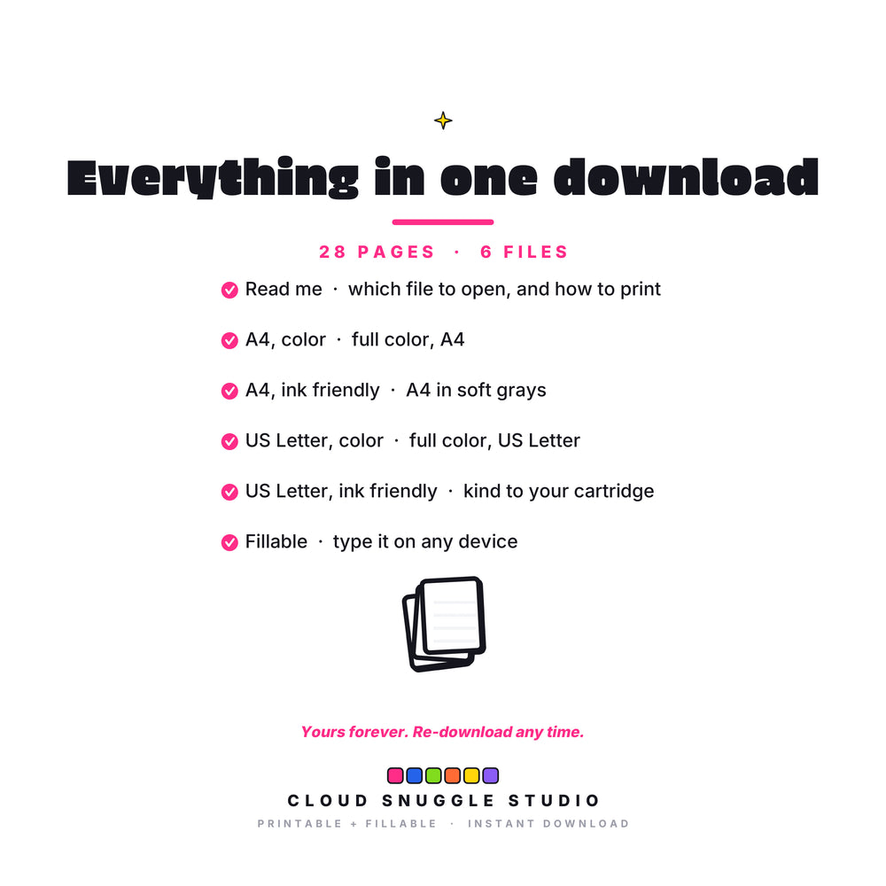 Everything in the download for The Lunchbox Pack, every file shown together. A printable and fillable PDF from Cloud Snuggle Studio.