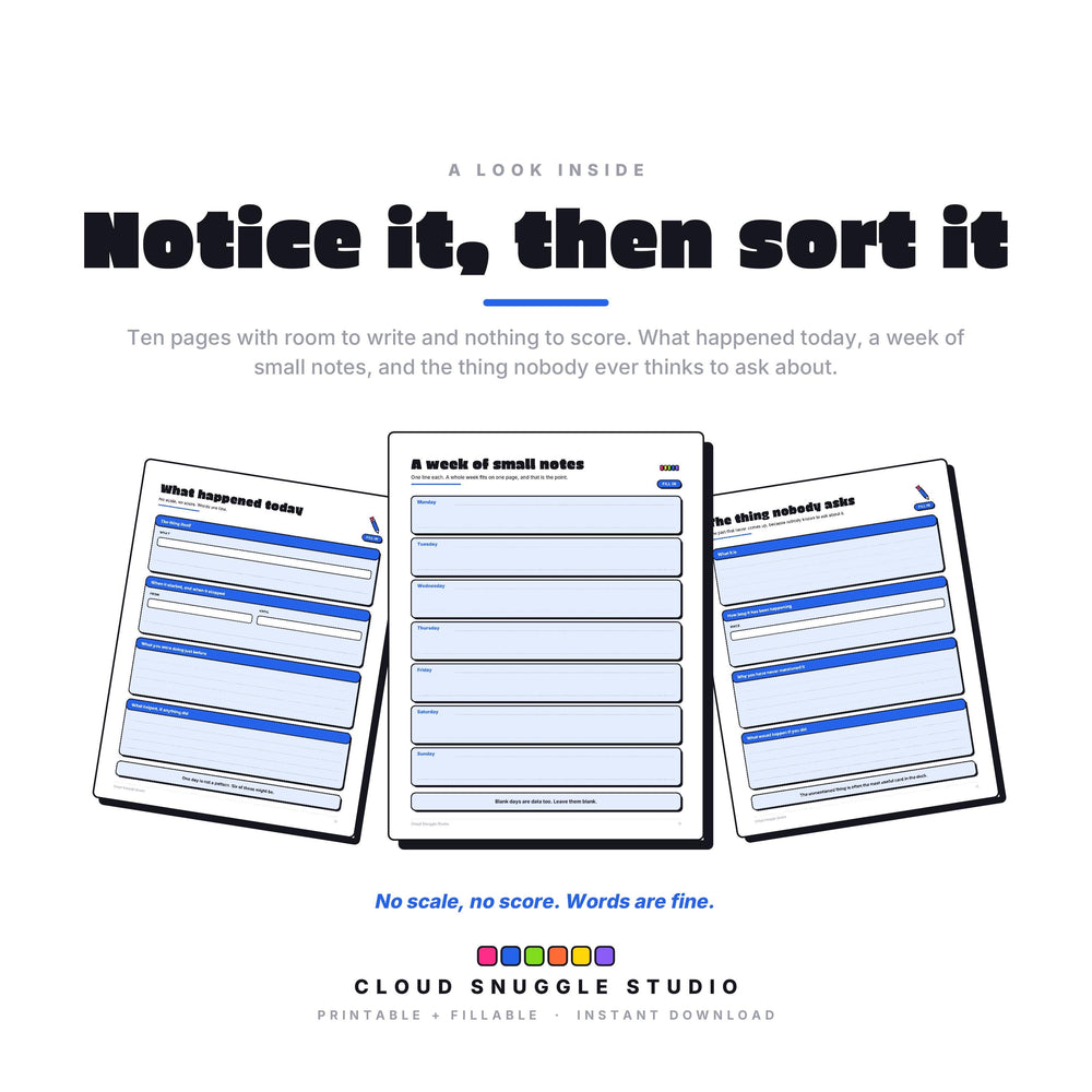 A look inside The Pattern Deck, real pages shown full size (1 of 3). A printable and fillable PDF from Cloud Snuggle Studio.
