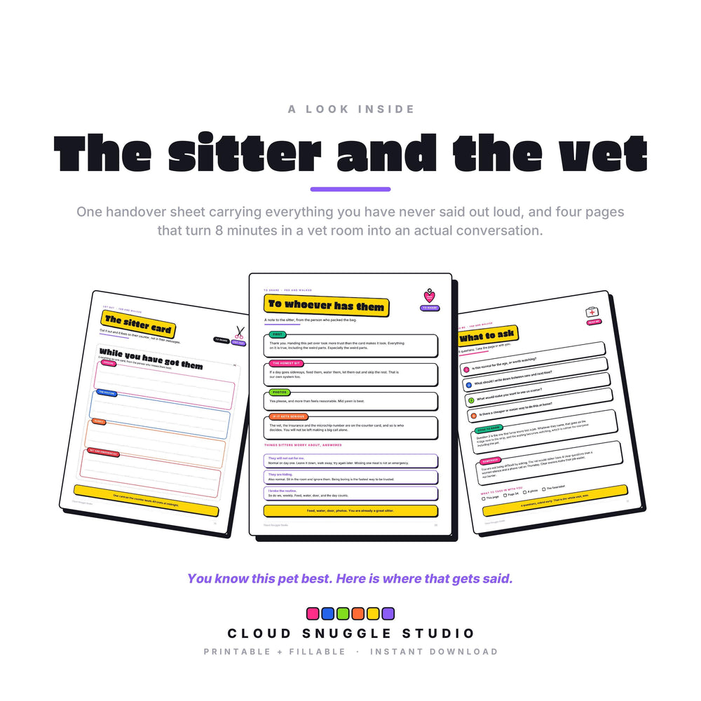 A look inside Fed and Walked, real pages shown full size (3 of 3). A printable and fillable PDF from Cloud Snuggle Studio.