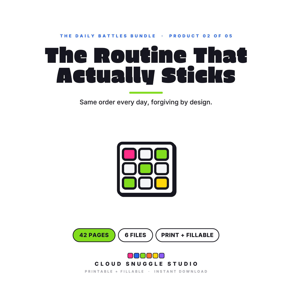 The Routine That Actually Sticks, one of the 5 planners in The Daily Battles Bundle. A printable and fillable planner bundle from Cloud Snuggle Studio.