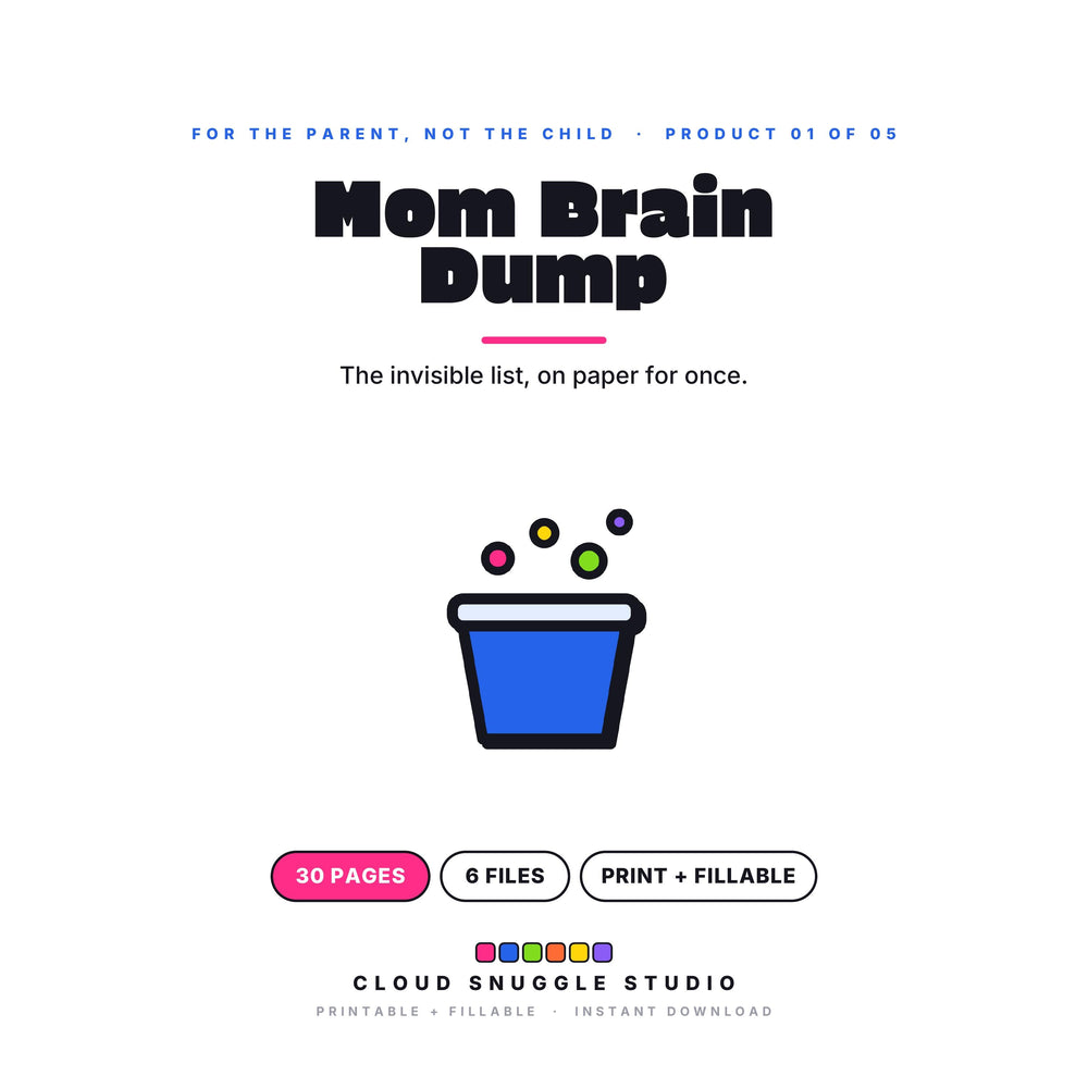 The Mom Brain Dump Organizer, one of the 5 planners in For the Parent, Not the Child. A printable and fillable planner bundle from Cloud Snuggle Studio.