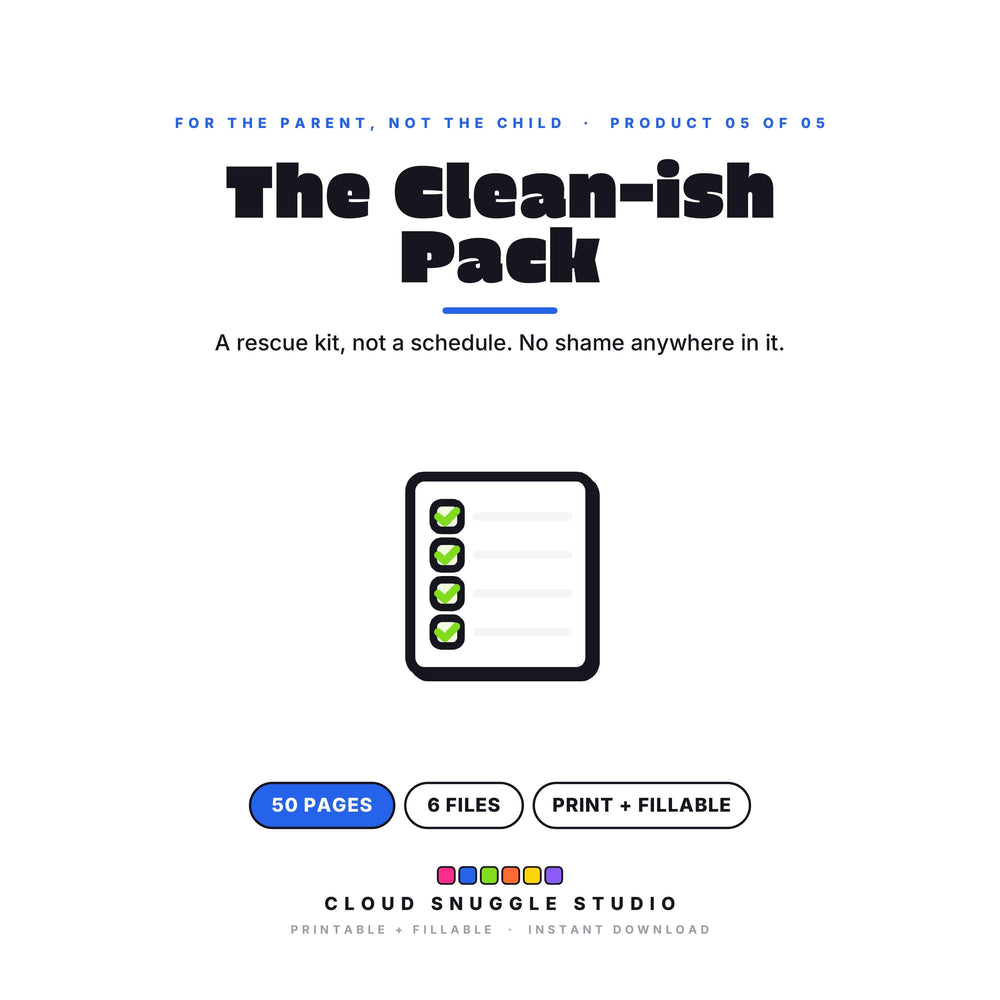 The Clean-ish Pack, one of the 5 planners in For the Parent, Not the Child. A printable and fillable planner bundle from Cloud Snuggle Studio.