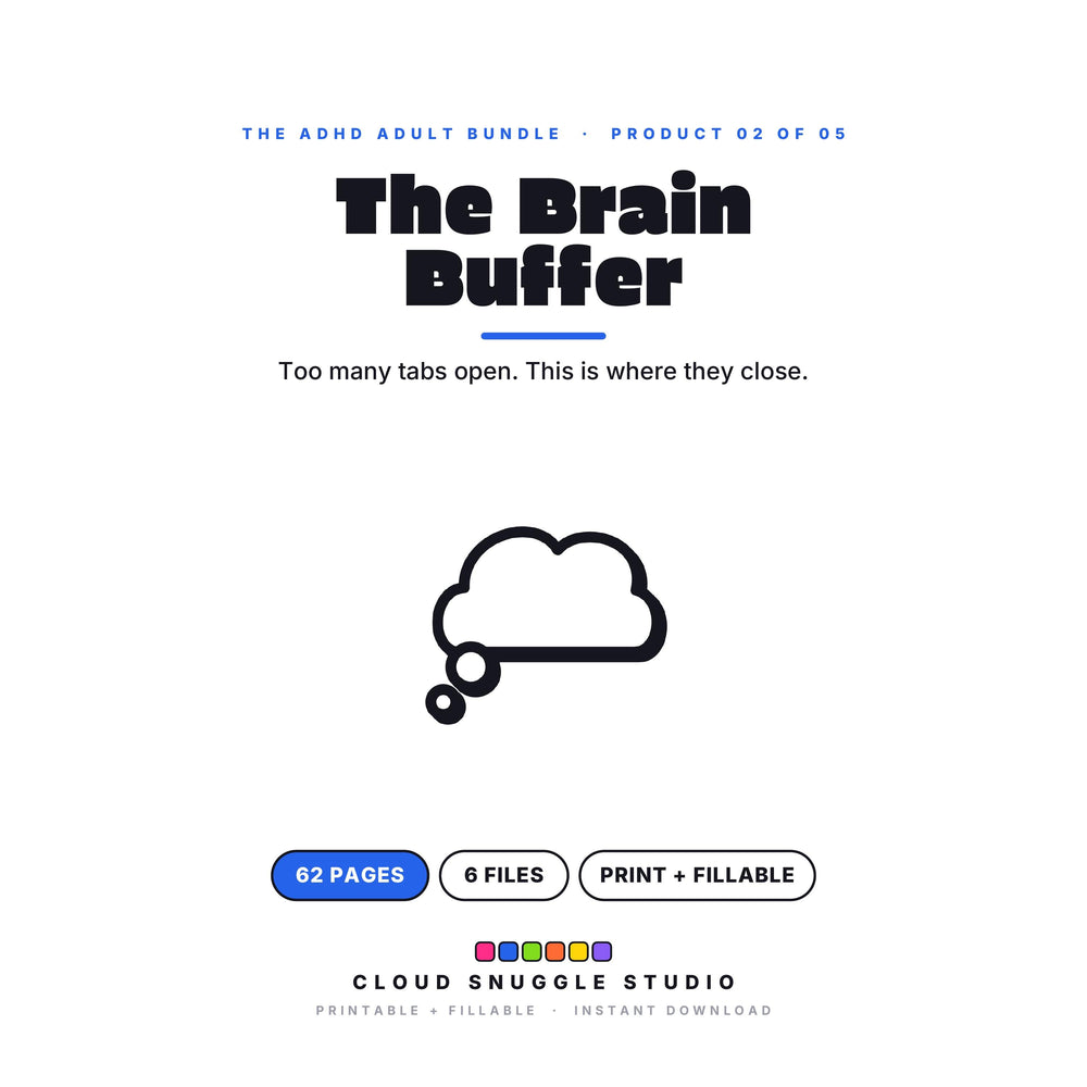 The Brain Buffer, one of the 5 planners in The ADHD Adult Bundle. A printable and fillable planner bundle from Cloud Snuggle Studio.