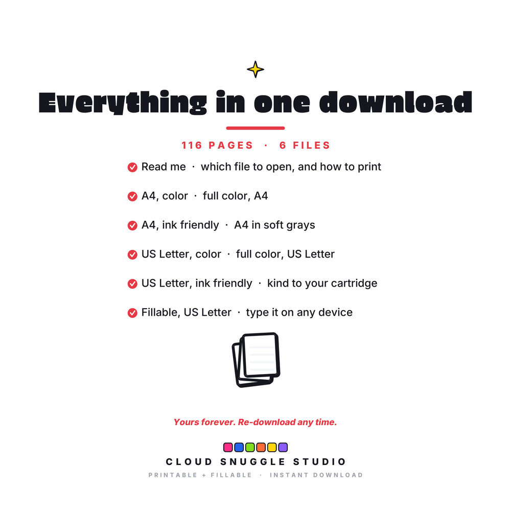 Everything in the ADHD Meal Planner download, 6 files: read me, A4 color, A4 ink friendly, US Letter color, US Letter ink friendly, and a fillable PDF. An ADHD meal planner printable, yours forever and re-downloadable any time.