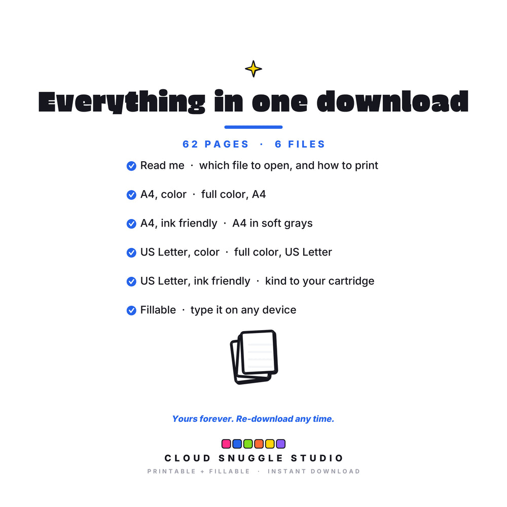 Everything in the Brain Buffer download, 6 files: read me, A4 color, A4 ink friendly, US Letter color, US Letter ink friendly, and a fillable PDF. An ADHD brain dump planner printable, yours forever and re-downloadable any time.