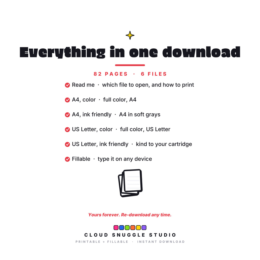 Everything in the Post & Park Planner download, 6 files: read me, A4 color, A4 ink friendly, US Letter color, US Letter ink friendly, and a fillable PDF. A content planner printable for creators, yours forever and re-downloadable any time.