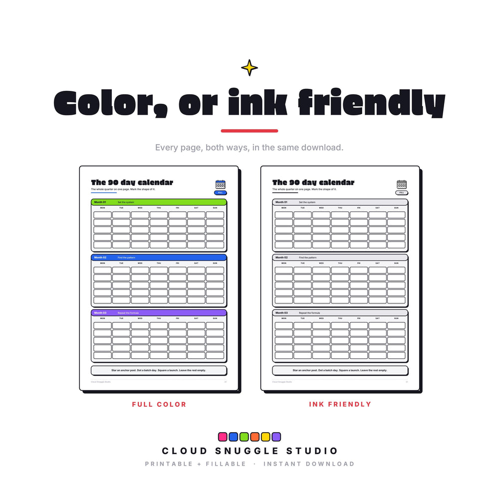 One page of The Post & Park Planner shown twice, in full color and in ink friendly gray. Every page of this content planner printable for creators comes both ways, so you print whatever your cartridge can spare.