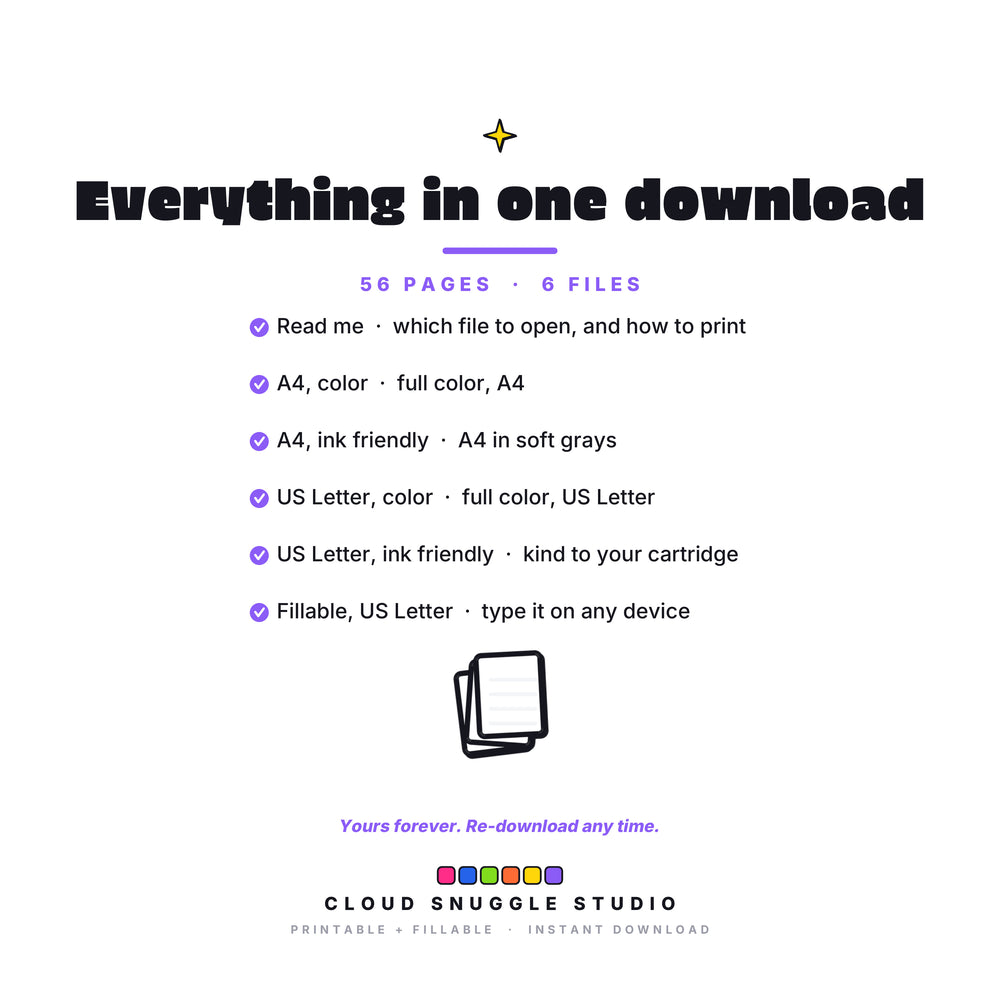 Everything in the Too-Many-Tabs Parent Planner download, 6 files: read me, A4 color, A4 ink friendly, US Letter color, US Letter ink friendly, and a fillable PDF. A parent planner printable for ADHD families. Yours forever.