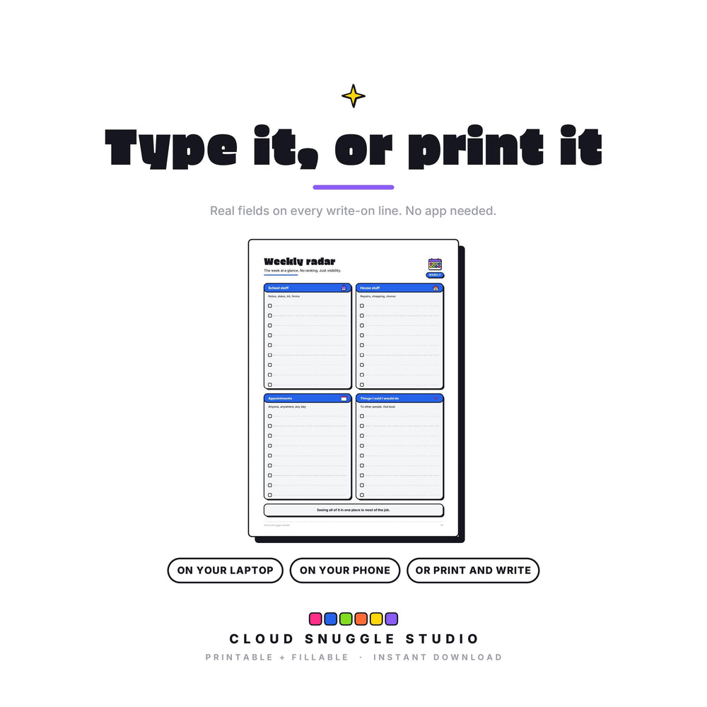 The Too-Many-Tabs Parent Planner as a fillable PDF: type onto every write-on line on a laptop, phone or tablet, or print it and write by hand. A parent planner printable for ADHD families with real form fields, no app needed.
