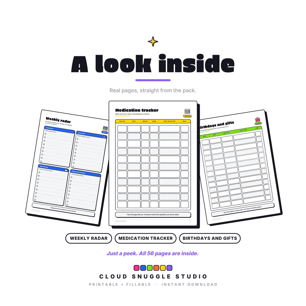 Three real pages from The Too-Many-Tabs Parent Planner: Weekly radar, Medication tracker, Birthdays and gifts. A parent planner printable for ADHD families, shown full size so you can see the layout before you buy.