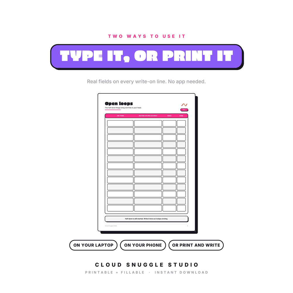 Mom Brain Dump as a fillable PDF: type onto every write-on line on a laptop, phone or tablet, or print it and write by hand. A mom brain dump printable for the mental load with real form fields, no app needed.