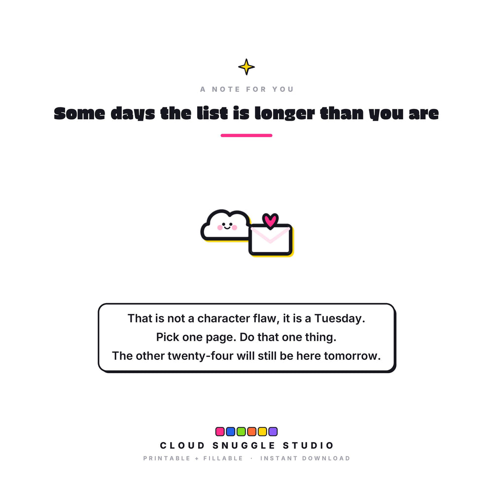 A closing note from Cloud Snuggle Studio about The Reset Pack. Written for ADHD brains that bounce off rigid planners. An ADHD reset pack printable, instant digital download.