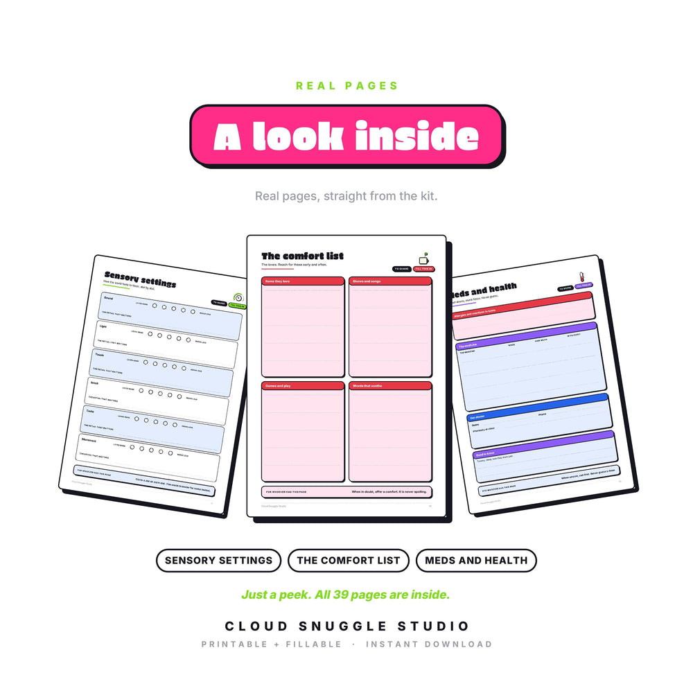 Three real pages from The Care Crew Kit: Sensory settings, The comfort list, Meds and health. A babysitter and caregiver info kit printable, shown full size so you can see the layout before you buy.