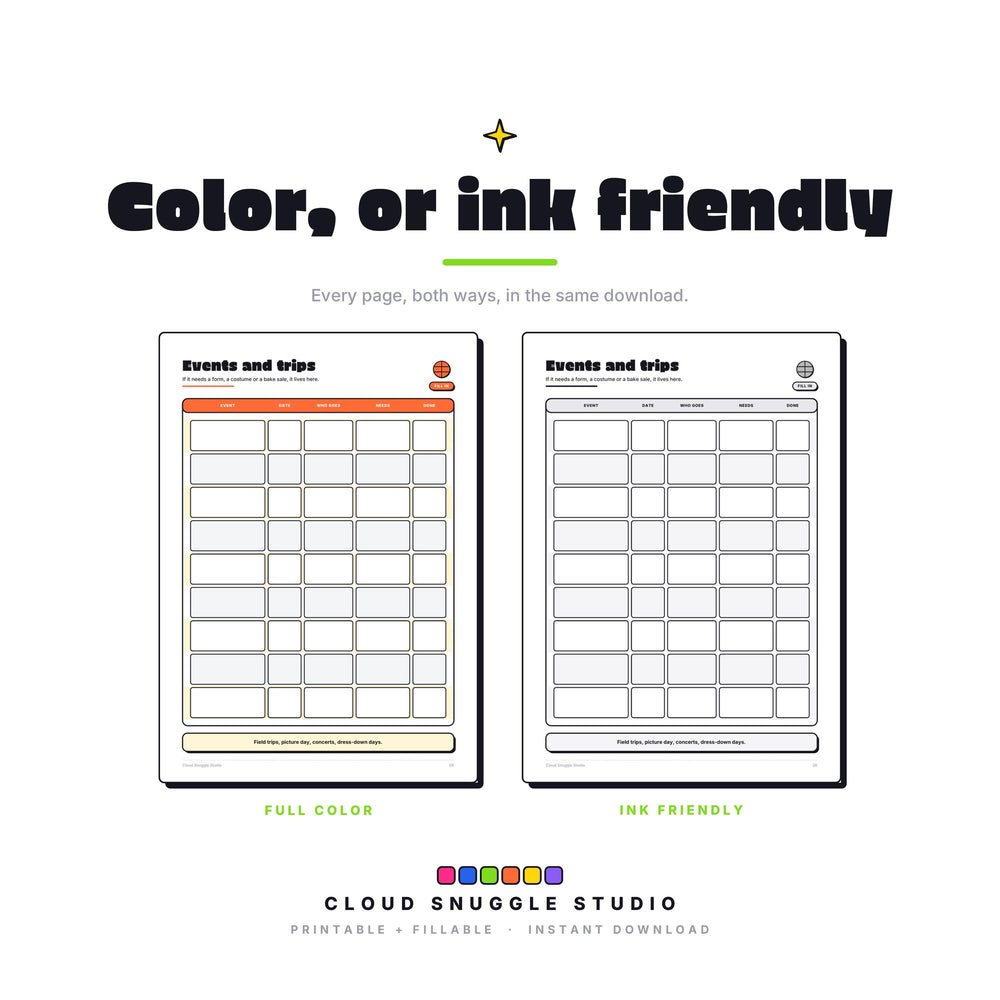 One page of The School Stuff Pack shown twice, in full color and in ink friendly gray. Every page of this school organization pack printable for parents comes both ways, so you print whatever your cartridge can spare.