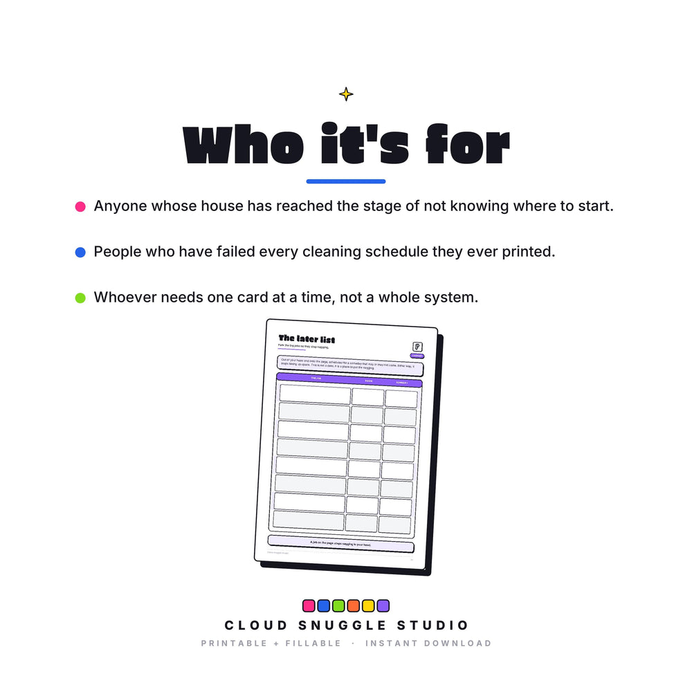Who The Clean-ish Pack is for: Anyone whose house has reached the stage of not knowing where to start. A cleaning routine printable for ADHD made for anyone who has failed a cleaning schedule.