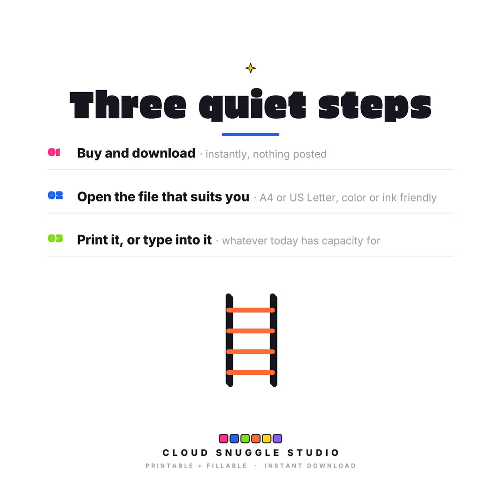How The Clean-ish Pack works, in three quiet steps: buy and download instantly, open the file that suits you, then print it or type into it. A cleaning routine printable for ADHD, no app and no subscription.