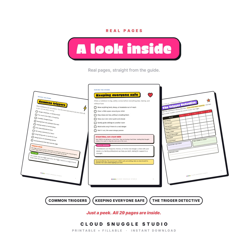 Three real pages from The Meltdown Decoder: Common triggers, Keeping everyone safe, The Trigger Detective. A meltdown guide printable for parents, shown full size so you can see the layout before you buy.