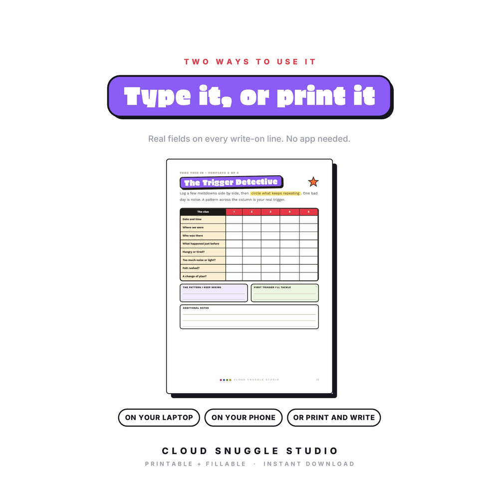 The Meltdown Decoder as a fillable PDF: type onto every write-on line on a laptop, phone or tablet, or print it and write by hand. A meltdown guide printable for parents with real form fields, no app needed.