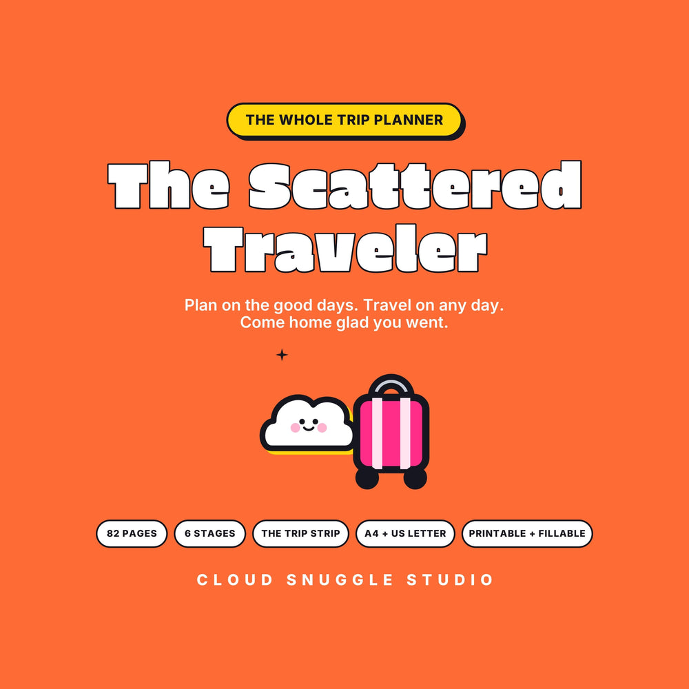 Cover of The Scattered Traveler, a trip planner in 6 stages. A printable and fillable PDF from Cloud Snuggle Studio.