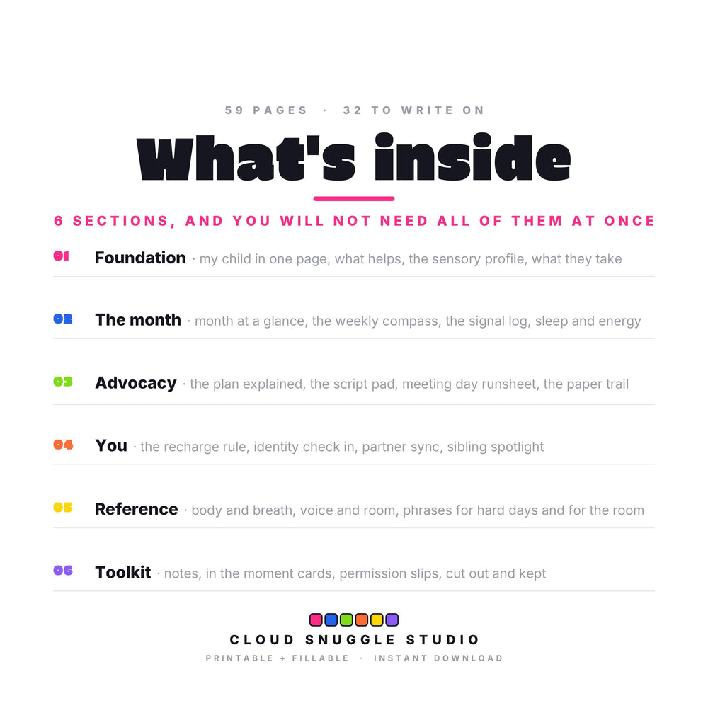 Inside The Advocate's Planner: Foundation, The month, Advocacy, You, Reference. An IEP advocacy planner for parents with 59 pages, 32 of them to write on. Instant digital download, no physical item.