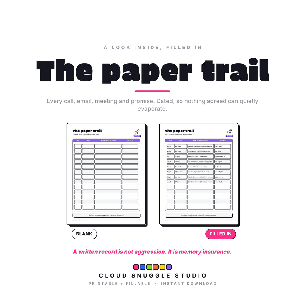 The Advocate's Planner as a fillable PDF: type onto every write-on line on a laptop, phone or tablet, or print it and write by hand. An IEP advocacy planner for parents with real form fields, no app needed.