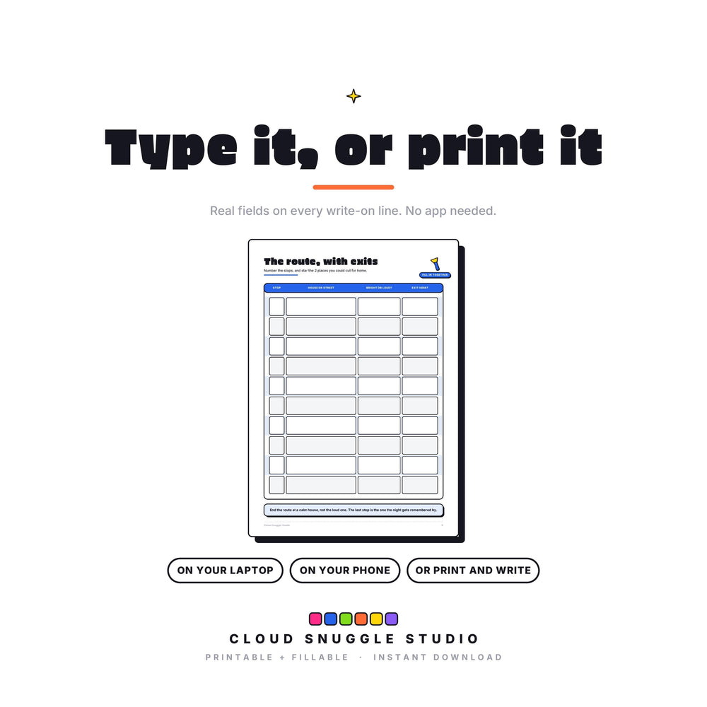 The Halloween Game Plan as a fillable PDF, to type into on a laptop, phone or tablet, or print and write by hand. A printable and fillable PDF from Cloud Snuggle Studio.